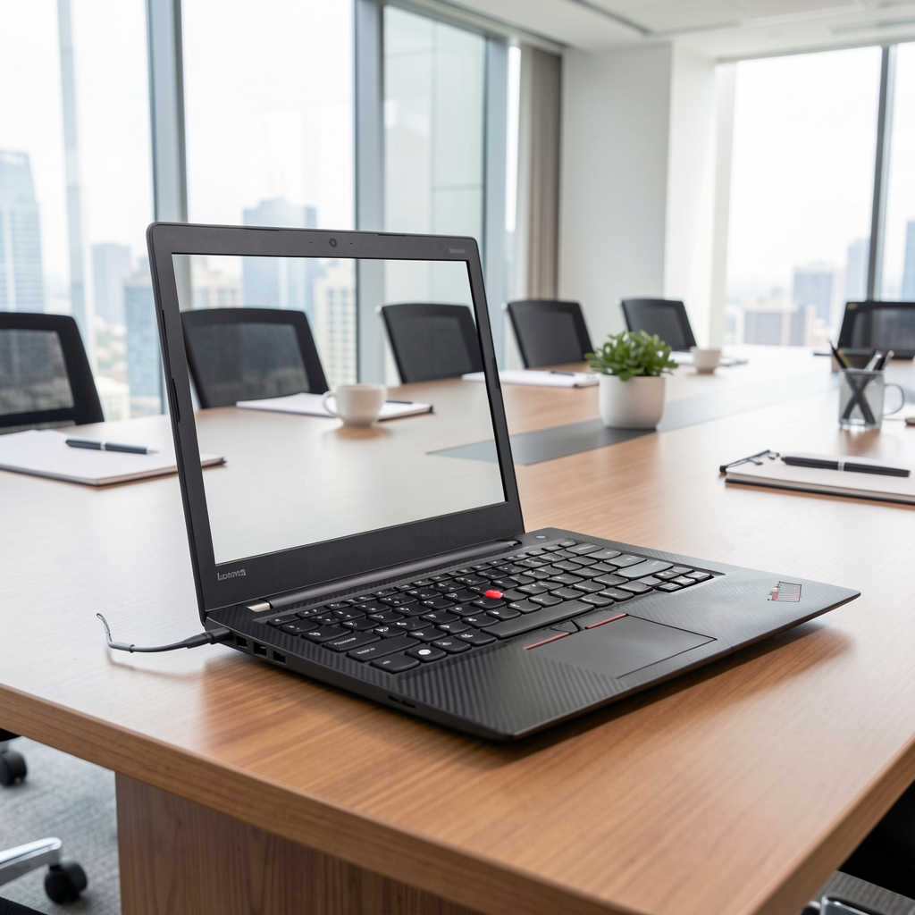 Lenovo ThinkPad X1 Carbon Gen 11 laptop business ultrasubțire cu carcasă neagră mată din fibră de carbon, tastatură ThinkPad clasică, pe birou de conferință